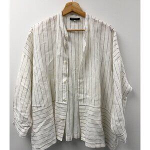 Eskandar 100% Linen Lagenlook Shirt Top Striped White Grey Boxy Collarless Sz 0